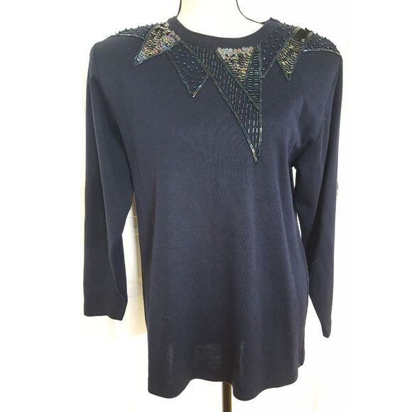 Liz Claiborne‎ Vtg. Knit Sweater Navy Sequin Pullover Geometric 90s Sm, Y2k Glam - Picture 1 of 9
